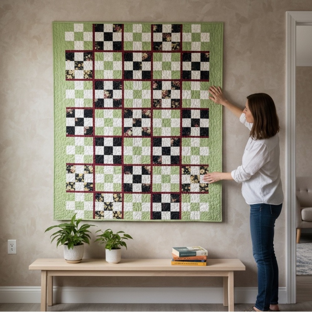 Elegant Patchwork Quilt with Green, Black, and Red Accents